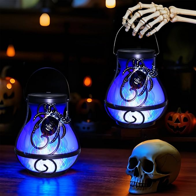2 Pack Solar Halloween Hanging Lights Outdoor,Solar Spider Flickering Flame Lantern for Garden Yard Patio Halloween Party Decoration