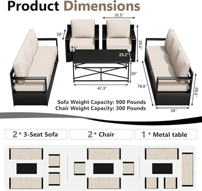 Outdoor Patio Furniture Set, 5-Piece Aluminum Patio Conversation Set All-Weather Metal Outdoor Sectional with 6 Inch Thick Cushions, Deep Setting for Garden, Outside and Porch