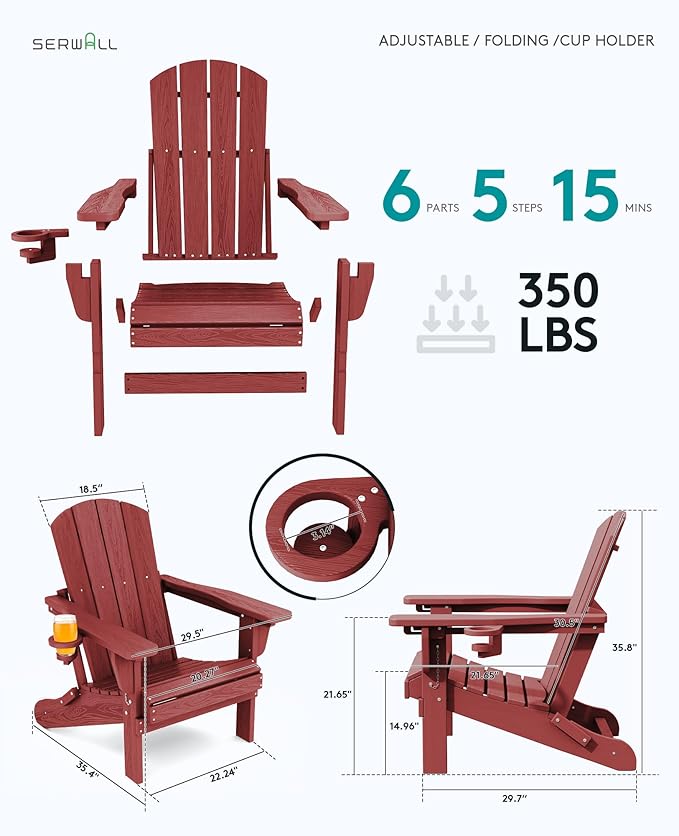 SERWALL Folding Adirondack Chair Set of 4, Adjustable Adirondack Chair with 3 Recline Positions, All Weather HDPE Outdoor Adirondack with Cup Holders, Red
