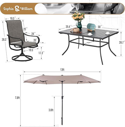 Sophia & William Patio Set with Umbrella 8 Pieces Outdoor Dining Set for 6 with 13ft Large Patio Umbrella Beige, 6 x Swivel Patio Chairs with 59" Dining Table for Lawn Garden