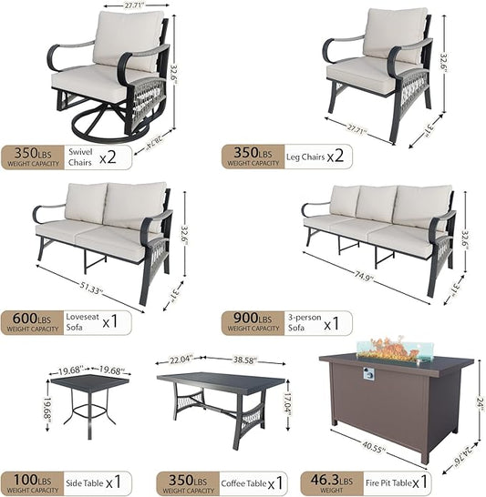 9 Pieces Outdoor Patio Conversation Sets with All Weather Cushions, Metal 3-Seater, 2 Swivel Rockers, 2 Single Chairs, 1 Loveseat, 1 Side Tables, 1 Coffee Table, 1 Fire Pit Table, Beige