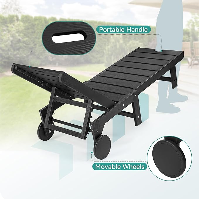 Outdoor Chaise Lounge Chairs with Table, 2-Piece, 26.8” Super Wide Lounge Chair Outdoor, HDPS Pool Chairs with 5 Positions, Patio Lounge Chair with Wheels for Pool,Lawn,Backyard, Black