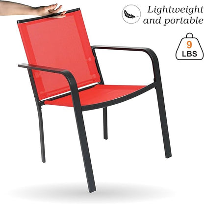 5-Piece Outdoor Patio Dining Set, 40-Inch Round Glass Table with 4 Stackable Chairs, Cherry