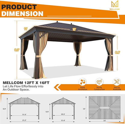 MELLCOM 12'x16' Hardtop Gazebo, Galvanized Steel Metal Double Roof Canopy with Curtains and Netting, Brown Permanent Pavilion Gazebos with Aluminum Frame for Garden, Patio, Lawns, Deck