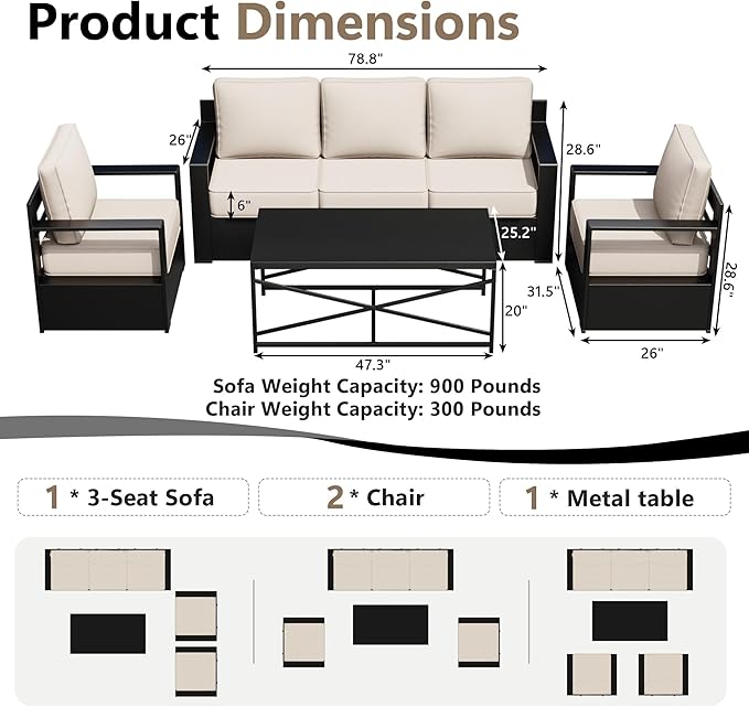 Outdoor Patio Furniture Set, 4-Piece Aluminum Patio Conversation Set All-Weather Metal Outdoor Sectional with 6 Inch Thick Cushions, Deep Setting for Garden, Outside and Porch