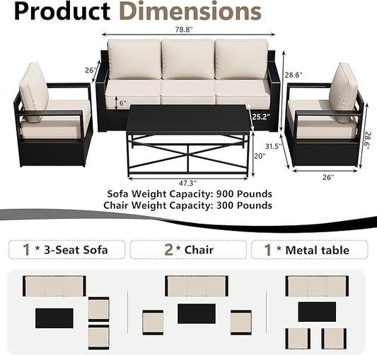 Outdoor Patio Furniture Set, 4-Piece Aluminum Patio Conversation Set All-Weather Metal Outdoor Sectional with 6 Inch Thick Cushions, Deep Setting for Garden, Outside and Porch
