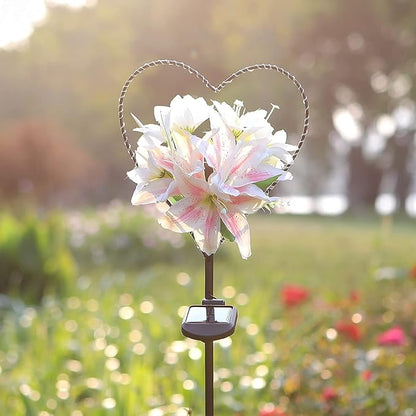 Starryfill Garden Solar Lights Outdoor Heart-Shaped with White Lily Flowers, Metal Stake Lights with 25led Warm White Decorative for Remembrance Gifts Cemetery Decorations Birthday's Day