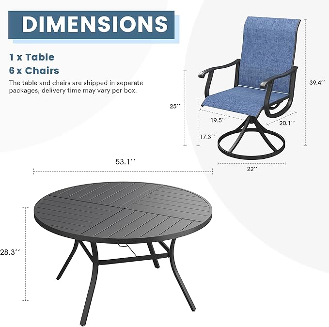 DIFY 7 Pieces Outdoor Patio Dining Set, 6 Blue Textilene Swivel Dining Chairs and 53.1" Black Round Metal Dining Table, Outdoor Table and Chairs