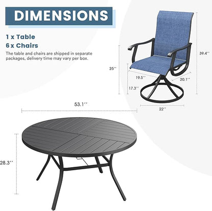DIFY 7 Pieces Outdoor Patio Dining Set, 6 Blue Textilene Swivel Dining Chairs and 53.1" Black Round Metal Dining Table, Outdoor Table and Chairs