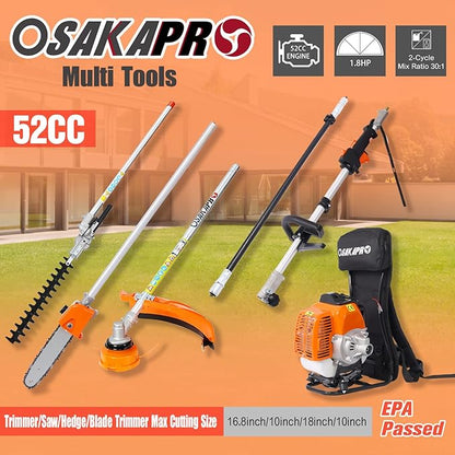 4-in-1 Backpack String Trimmer Weed Eater,52CC 2-Cycle Multi Garden Tools with Gas Pole Saw, Hedge Trimmer, Grass Trimmer and Brush Cutter EPA Compliant, Lawn Mower Weed Wacker Edger for Yard