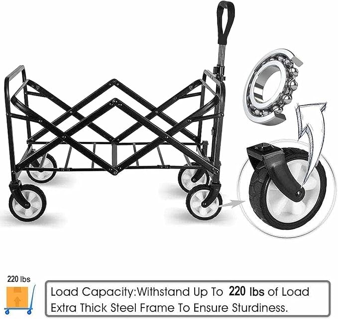Beach Cart Large Capacity, Heavy Duty Folding Wagon Portable, Collapsible Wagon for Sports, Shopping, Camping Collapsible Foldable cart(220 LBS Capacity)