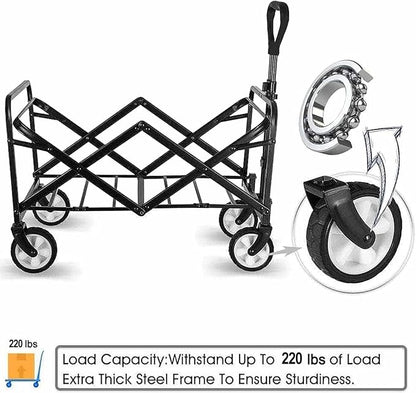 Beach Cart Large Capacity, Heavy Duty Folding Wagon Portable, Collapsible Wagon for Sports, Shopping, Camping Collapsible Foldable cart(220 LBS Capacity)