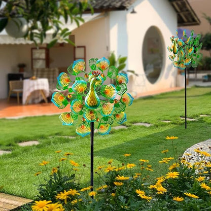 Peacock Wind Spinners Outdoor,13” Metal Wind Spinner Garden Pinwheels,360°Peacock Wind Sculptures & Spinners,Kinetic Wind Spinners for Yard and Garden(13.8”W X 64.2”H)