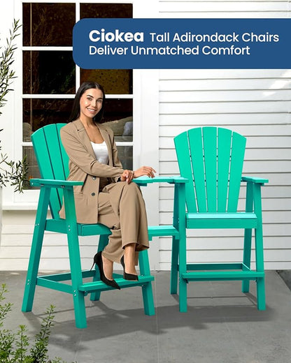 Ciokea Tall Adirondack Chairs Set of 4, HDPE Outdoor Adirondack Bar Stools with Double Connecting Tray, Weather Resistant High Back Adirondack Balcony Chairs for Deck, Lawn, Pool, Backyard, Lake Blue