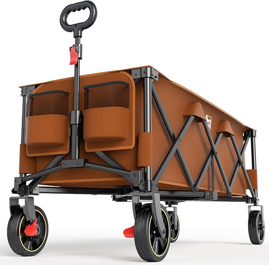Timber Ridge 51.2'' Extended Collapsible Wagon Cart with Brakes and Cargo Net, 500LBS Heavy Duty Foldable Utility Wagon with Adjustable Handle, 400L Capacity Portable Cart for Camping Sports, Orange