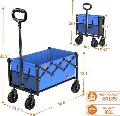 Wagons Carts Foldable, Lightweight Portable Utility Shopping Cart with Wheels, Folding Grocery Wagon Cart for Grocery, Camping, Shopping, Beach, Garden, Sports Blue