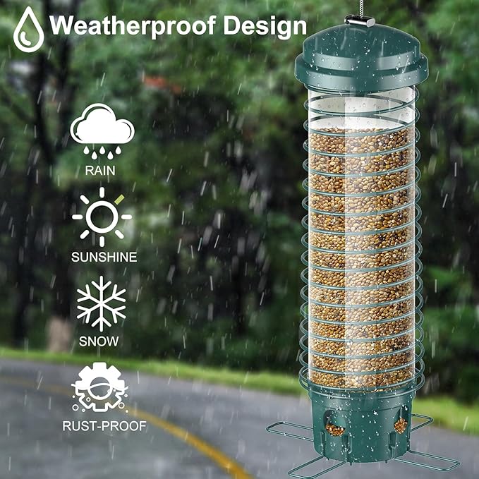 LCSEVEN Bird Feeder for Outdoors Squirrel Proof Bird Feeders for Outside Hanging, Metal Wild Bird Seed Feeders for Bluebird, Cardinal, Finch, Sparrow, Blue Jay, 4 Ports, Chew-Proof, Weather-Resistant