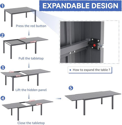 Soleil Jardin Aluminum Patio Extendable Dining Table, 63" - 105", Adjustable Indoor Outdoor Furniture Rectangle Table for 6-10 Person Porch Deck Garden, Dark-Grey