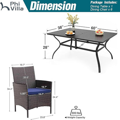 PHI VILLA 7 Piece Outdoor Dining Set for 6, Rectangular Wrought Iron Dining Table with Umbrella Hole & Cushioned Rattan Wicker Chairs for Patio, Deck, Yard, Porch