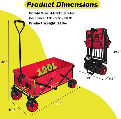 Collapsible Foldable Wagon Cart, Heavy Duty Folding Wagon with Big All-Terrain Beach Wheels, Portable Utility Garden Cart with 330lbs Weight Capacity for Camping Fishing & Outdoor Use