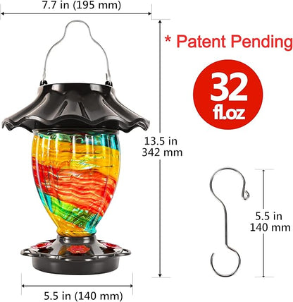 LUJII Solar Hummingbird Feeder for Outside, Color Changing, Hand Blown Glass, 32 fl.oz Never Leak, Waterproof & Rustproof, Lighted Lantern for Patio Decor, Unique Gift for Bird Lover (Ribbon)