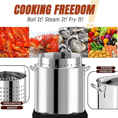 Stainless Steel 80QT Crawfish Boiler Kit, Waterproof Cover & 18-inch Skimmer, 110,000BTU Propane Burner Stove, 0-20PSIG Regulator, Seafood Boil Pot, Crab Boil Pot with 60QT Basket