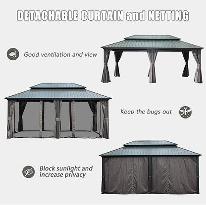 Domi 12’ x 18’ Hardtop Gazebo Metal Frame Canopy with Netting & Curtains, Outdoor Permanent Metal Pavilion with Galvanized Steel Double Roof for Patio Lawn and Garden, Gray