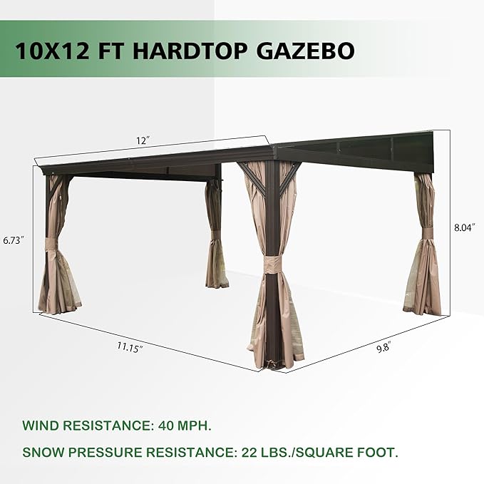 10’ x 12’ Lean to Gazebo, Outdoor Wall Mounted Gazebo Aluminum Frame, Hardtop Pergola with Galvanized Steel Sloping Roof for Patio Deck Garden Backyard, Curtain and Netting Included