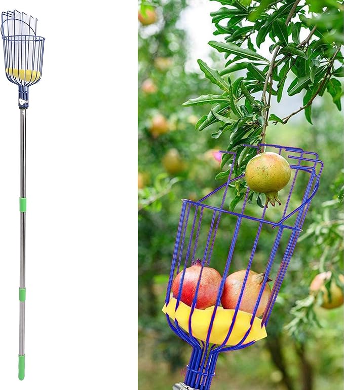 Tyenaza Fruit Picker Pole Tool with Basket Long Handle, Stainless Steel Fruit Picker Tool with Basket Pole Easy to Assemble Fruits Catcher Tree Picker Length Adjustable