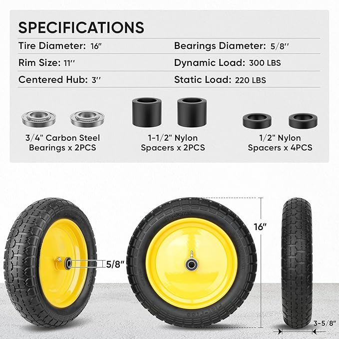 TICONN 4.80/4.00-8 Tire, 16" Flat Free Wheelbarrow Tire and Wheel, Solid Replacement Tires with 3" Centered Hub, 5/8" 3/4" Bearings, Universal Fit 4.80/4.00-8, 3.50/3.00-8, 4.00-6 (Yellow)