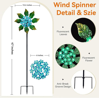 Solar Glow Garden Wind Spinner Outdoor, 13" W Flower Metal Wind Spinner & Sculptures with Fluorescent Coating, Kinetic Windmill for Yard Lawn Patio Decor, Blue
