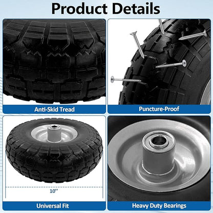 10-Inch 4.10/3.50-4 Tire and Wheel Flat Free, Heavy Duty Solid Replacement Tire with 5/8" Bearings, for Wheelbarrows Hand Trucks Dollies Trolleys Generators, (2-Pack) (Gray)
