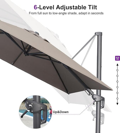 PURPLE LEAF 8' X 10' Swivel Outdoor Patio Aluminum Umbrella with Base Left-right Tilting Cantilever Offset Umbrella with UV Resistant Heavy Duty Fabric for Deck Pool Patio Backyard, Ash Mocha
