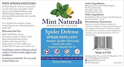 Spider Defense – Natural Spider Repellent Indoor & Outdoor, Peppermint Oil Spray for Home, Cabins, Garages, RVs & Commercial Use – Eco-Friendly Pest Control, 16oz Made in USA
