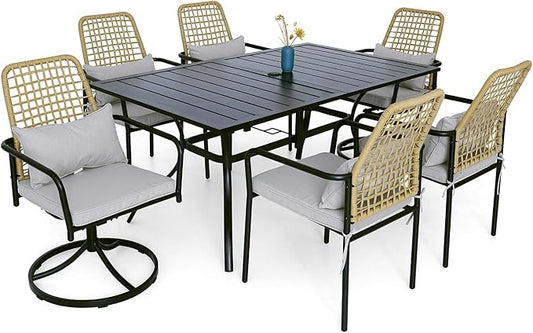 7-Piece Patio Dining Set, 63'' Rectangular Outdoor Table and 2 Wicker Swivel Rattan Chairs ＆ 4 Wicker Stackable Rattan Chairs with Cushions, All Weather Frame Furniture Set