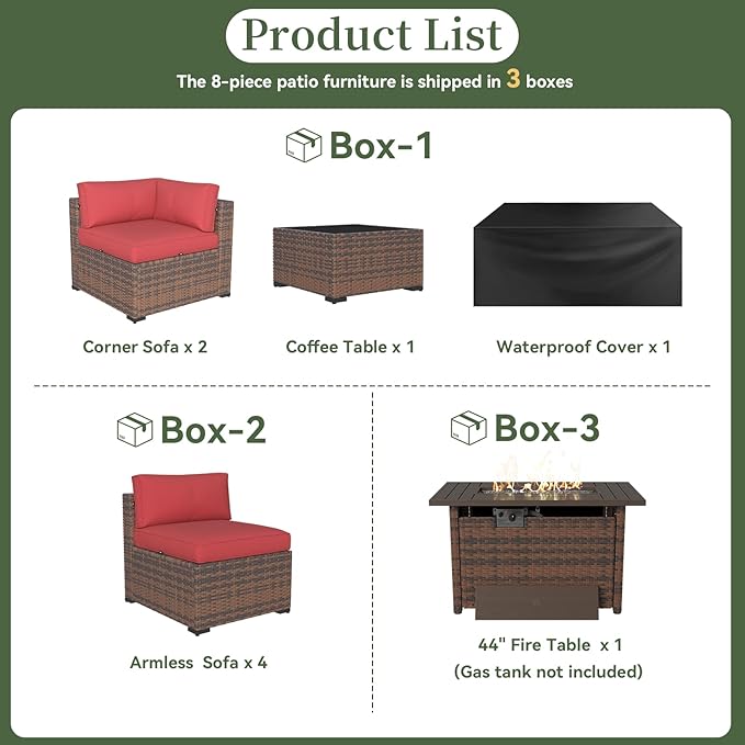 Aoxun 8 Piece Patio Furniture Set with 44” Fire Pit Table Wicker Rattan Outdoor Sectional Sofa Set with Coffee Table and Thickened Cushions, Red (Waterproof Cover Included)