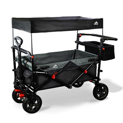 Foldable Wagons with Removable Canopy, Seat Belts, Reversible Handlebar, Removable Canopy, 220lbs Weight Capacity, Folding Wagon for Ages 1+ Years Suitable for Family Travel, Cargo