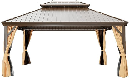 12'x16' Hardtop Gazebo, Outdoor Aluminum Patio Gazebo Double Roof Galvanized Steel Canopy with Netting and Curtains,for Garden, Patio, Backyard, Deck and Lawns.