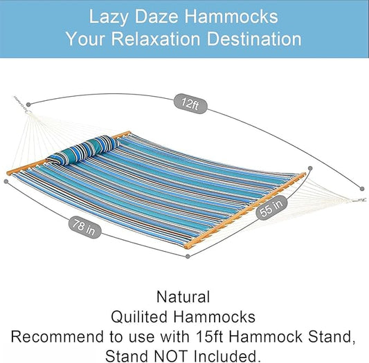 Lazy Daze Hammocks 12 FT Quilted Fabric Double Hammock with Spreader Bars and Detachable Pillow, 450lbs Weight Capacity