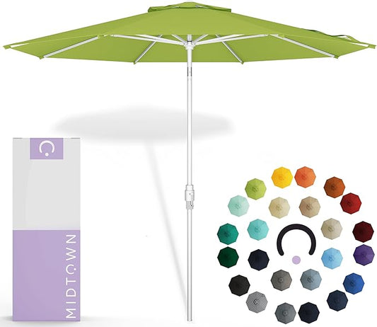 Midtown Umbrellas The Swilt 10 Feet Patio Umbrella in Sunbrella Macaw Acrylic Fabric - Fiberglass Ribs, Auto-Tilt Aluminum Frame For Backyard, Deck, Garden, Pool - White Pole