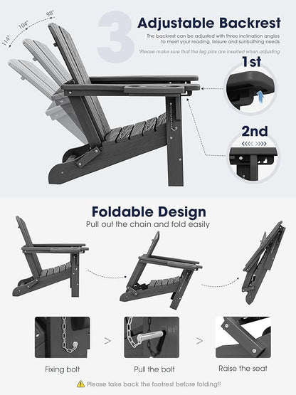 KINGYES Adjustable Folding Adirondack Chair with Footrest & 4-in-1 Multi-Functional Armrest Organizer, HDPE Foldable Reclining Adirondack Chair with Pull-Out Ottoman, Gray