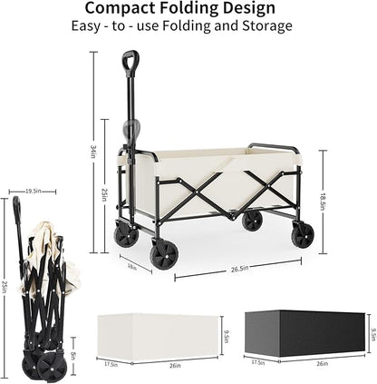 Collapsible Wagon Cart with 5" Removable 360° Swivel Wheels & Adjustable Handle, 220lbs Load Capacity, Dual Detachable Oxford Covers (White+Black)， MDF Base, All-Terrain Portable Utility Cart