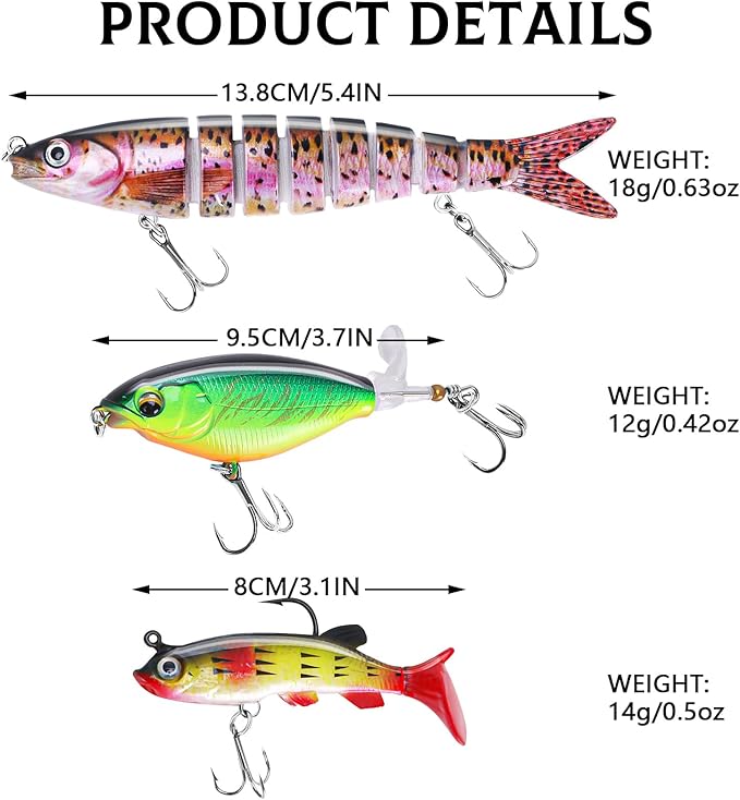 6PCS Swimbait Kit ，Realistic Bait and Surface Bait with Realistic 3D fisheye and Multi Joint Swimming Movements, Perfect for Saltwater and Freshwater Fishing Kits
