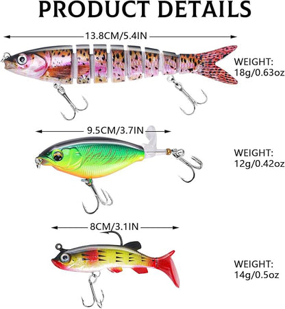 6PCS Swimbait Kit ，Realistic Bait and Surface Bait with Realistic 3D fisheye and Multi Joint Swimming Movements, Perfect for Saltwater and Freshwater Fishing Kits