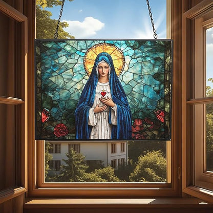 Rectangle Virgin Mary Stained Glass Window Hangings, Cat Butterfly Sunflower Handcrafted Stained Glass Suncatchers, Gift for Cat Lovers Nature Lovers 15"x11"