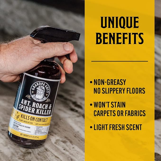 Grandpa Gus's Natural Ant Roach Spider Killer Spray, Fast-Acting Plant-Based Insect Control, Safe for Kids Pets, Indoor Outdoor Use, Non-Greasy, Fresh Scent, 16 fl oz