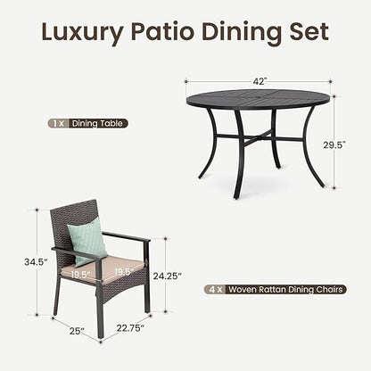 PHI VILLA 5 Piece Outdoor Dining Table Set for 4, 42” Round Steel Dining Table with Umbrella Hole & 4 Metal-Frame Wicker Chairs for Patio, Deck, Yard, Porch