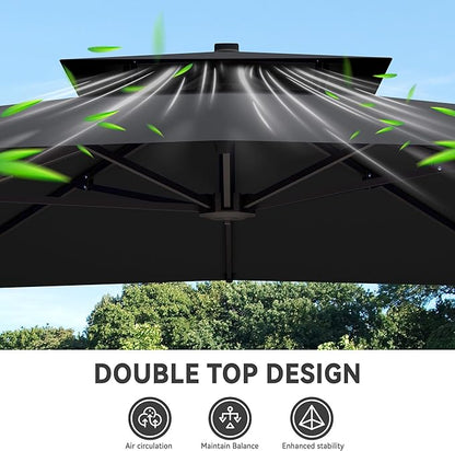 10x13 FT Cantilever Patio Umbrella with Base Included Double Top Outdoor Rectangular Large Heavy Duty Aluminum Offset Umbrellas with 7 Level Tilt 360-degree Rotation for Pool Garden Deck, Grey