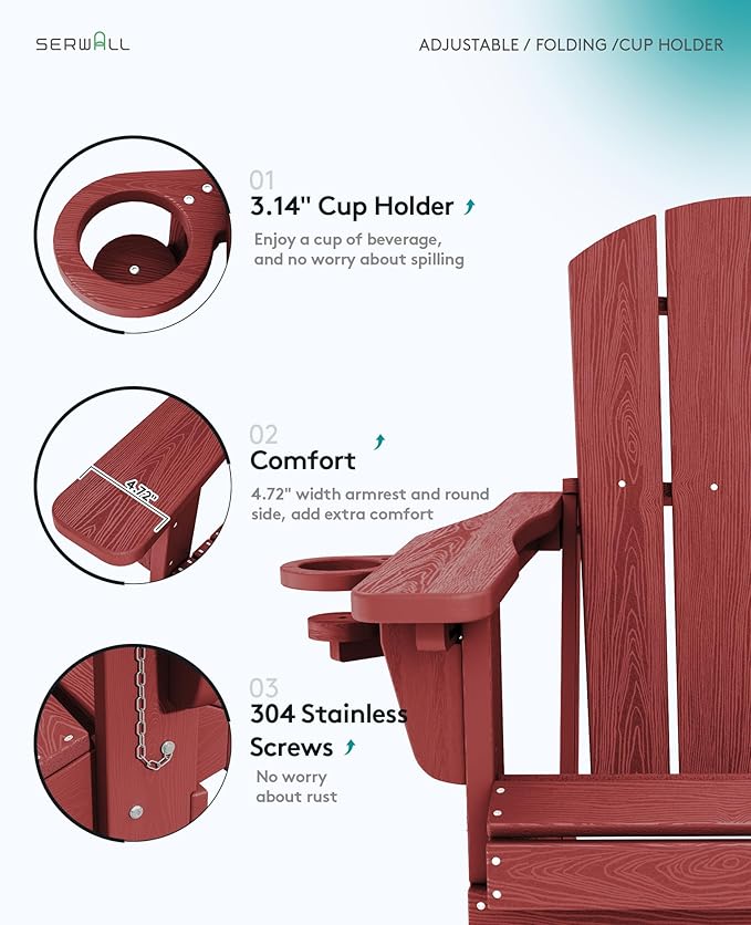 SERWALL Folding Adirondack Chair Set of 4, Adjustable Adirondack Chair with 3 Recline Positions, All Weather HDPE Outdoor Adirondack with Cup Holders, Red