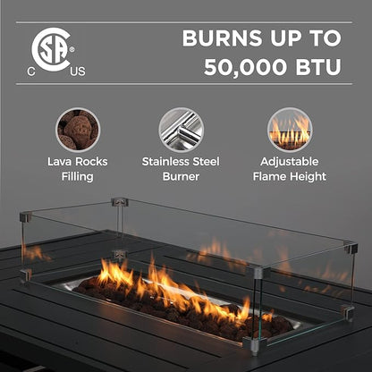 Wisteria Lane 54.3” Outdoor Patio Aluminum Fire Pit Table, 50000 BTU CSA Certified Propane Gas Fire Pit, Rectangular Fire Table w/Stainless Burner, Lava Rock, Waterproof Cover